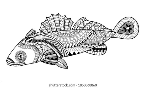 Vector Cute Cartoon Goby fish. Patrón para el libro de colorear. Coloriendo páginas de libros para niños y adultos. Doodles estilo tattoo Henna Mehndi