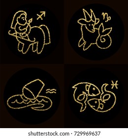 Vector cute cartoon golden glitter line art icon set zodiac symbols sagittarius, capricorn, aquarius, pisces, fire, earth, air, aqua signs, elements part 3/3