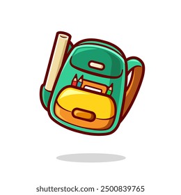 vector cute cartoon of green bag, book, pencils and paper isolated.