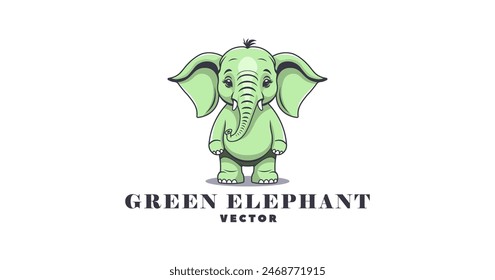 Vector lindo elefante verde de dibujos animados de pie en sus patas traseras. Pequeño cachorro de elefante. Logo o emblema. Fondo blanco aislado.