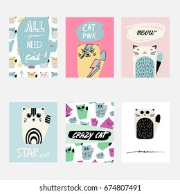 Vector cute cartoon greeting card set with cats. Hand drawn fun template for cards, flyers, brochures, business, birthday, anniversary, wedding, party invitation, holidays.