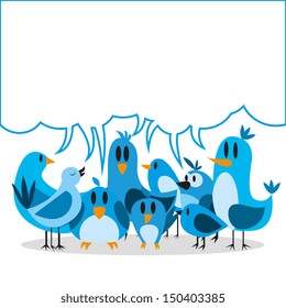 Vector Cute Cartoon Group Of Blue Birds And Board For Text
