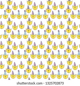 Vector cute cartoon hand drawing happy birthday cats seamless pattern background