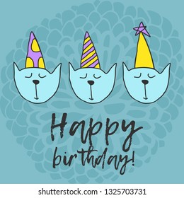 Vector cute cartoon hand drawing happy birthday cats card template