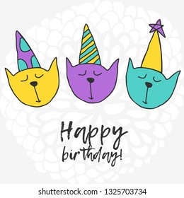 Vector cute cartoon hand drawing happy birthday cats card template