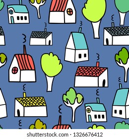 Vector cute cartoon hand drawing seamless city background. Architecture background with houses and trees.