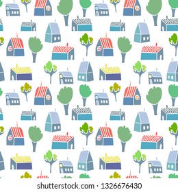 Vector cute cartoon hand drawing seamless city background. Architecture background with houses and trees.