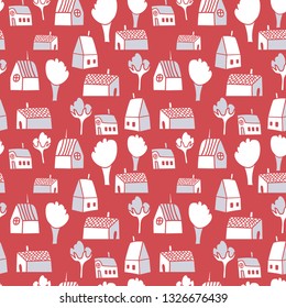 Vector cute cartoon hand drawing seamless city background. Architecture background with houses and trees.