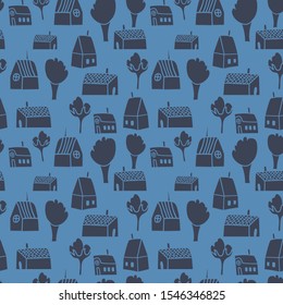 Vector cute cartoon hand drawing seamless city background. Architecture background with houses and trees.
