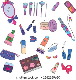 Vector cute cartoon hand drawing collection make up instruments set design elements kawaii trendy