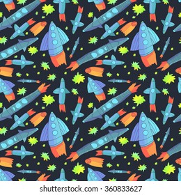 Vector cute cartoon hand drawing space with stars and spaceships seamless pattern background