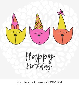 Vector cute cartoon hand drawing happy birthday cats card template