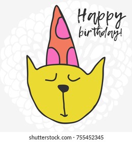 Vector cute cartoon hand drawing happy birthday cat card template