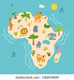 Vector cute cartoon hand drawn Africa and African animals in the form of a map. Colorful wild. For children room, decoration, book, cover, poster, invitation template card, kids birthday party