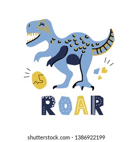 Vector cute cartoon hand drawn dinosaur with lettering qoute Roar. Tyrannosaurus with egg. Vector illustration of scandinavian t-rex character for children, kid game, book,textile on white background