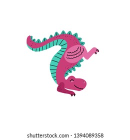Vector cute cartoon hand drawn dinosaur standing on the front paws tail up. Funny Tyrannosaurus. Vector illustration of scandinavian t-rex character for children game, book, textile