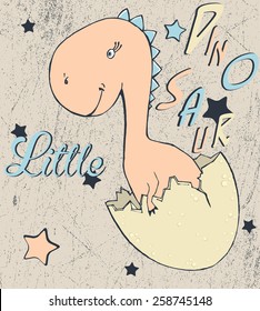 vector cute cartoon hand drawn little dinosaur in an egg, with stars and words 
