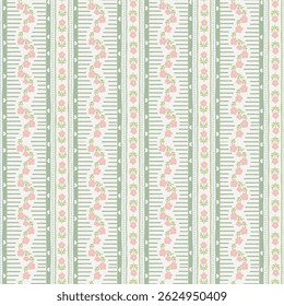 Vector cute cartoon hand drawn illustration.Pink flower and leaf seamless pattern on vertically striped background with heart  Ideal textile printing, baby clothes, wallpaper, scrubbing.