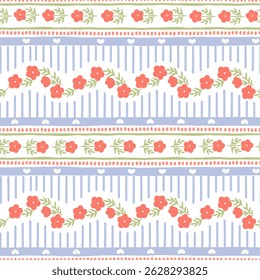 Vector cute cartoon hand drawn illustration. Seamless pattern of pink flowers and leaves on horizontal striped background with heart. Ideal for textile print, baby clothes, wallpaper, cleaning.