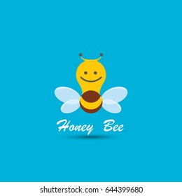 vector cute cartoon happy baby bee icon on blue sky background. honeybee logo design template