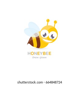 vector cute cartoon happy baby bee icon on blue sky background. honeybee logo design template