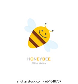 vector cute cartoon happy baby bee icon on blue sky background. honeybee logo design template
