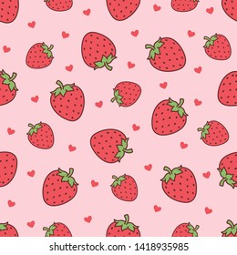 Vector Cute Cartoon Heart and Strawberry Pattern In Pink Background