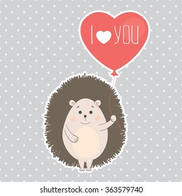 vector cute cartoon hedgehog with balloon in love. Valentines day greeting card