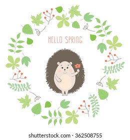 Vector cute cartoon hedgehog  in floral wreaths with leaves and branches. Spring illustration