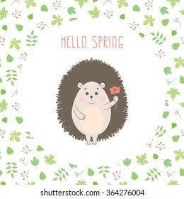 Vector cute cartoon hedgehog  on floral background with leaves,  and branches. Spring illustration