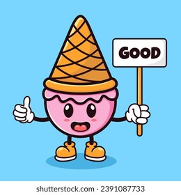 Vector cute cartoon ice cream holding a board and saying nice