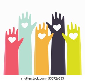 Vector cute cartoon illustration of different colors raised hands of people with hearts.