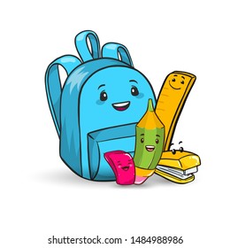 Vector cute cartoon illustration - hand drawn school or office equipment icons. Pencil, eraser (rubber), ruler, stapler and backpack. School office stationery for kids, Back to school doodle stickers