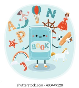 Vector cute cartoon illustration of illustration of a smiling book with face and fantasy kids world. Fairytale characters: mermaid, unicorn, wheel sheep, ballon, rainbow, airplane, princess. Reading 