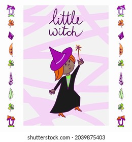 Vector cute cartoon illustration of a witch in cute pointy hat and a set of objects. Drawings for halloween card, poster or background.
