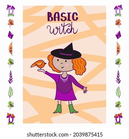 Vector cute cartoon illustration of a witch in cute pointy hat and a set of objects. Drawings for halloween card, poster or background.
