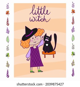 Vector cute cartoon illustration of a witch in cute pointy hat and a set of objects. Drawings for halloween card, poster or background.
