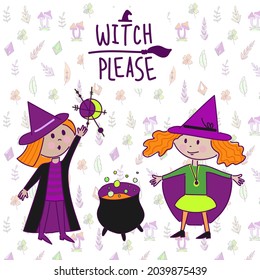 Vector cute cartoon illustration of a witch in cute pointy hat and a set of objects. Drawings for halloween card, poster or background.
