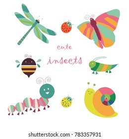 Vector cute cartoon insects on white background, can be used for patterns,packaging,design,illustrations and any creative design