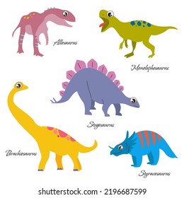 Vector cute cartoon isolated dinosaur set. Animal set: styracosaurus, allosaurus, monolophosaurus, brachiosaurus, styracosaurus