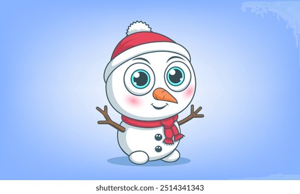 Vector cute cartoon kawaii big eyed little smiling snowman baby in red hat and scarf. Winter toon, animation. Blue light background.