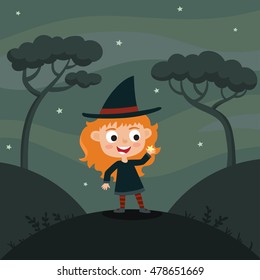 Vector cute cartoon kid in colorful halloween costume: witch. Halloween poster with night landscape. Cartoon character design of girl isolated on white used for books, stickers, posters, web pages.