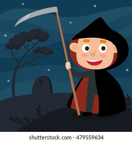 Vector cute cartoon kid in colorful halloween costume: death. Halloween poster with night landscape. Cartoon character design of boy isolated on white used for books, stickers, posters, web pages.