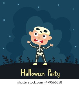 Vector cute cartoon kid in colorful halloween costume: skeleton. Halloween poster with night landscape. Cartoon character design of boy isolated on white used for books, stickers, posters, web pages.