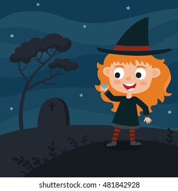 Vector cute cartoon kid in colorful halloween costume: witch. Halloween poster with night landscape. Cartoon character design of girl isolated on white used for books, stickers, posters, web pages.