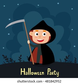 Vector cute cartoon kid in colorful halloween costume: death. Poster with night landscape. Cartoon character design of boy isolated on white used for books, stickers, posters, web pages.