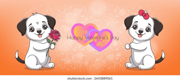 Vector cute cartoon kind gentle little sitting puppies with red rose and bow. Poster of love and tender feelings. Toon doggies. St. Valentines Day. Holiday lovely dog. Festive gift. Hearts