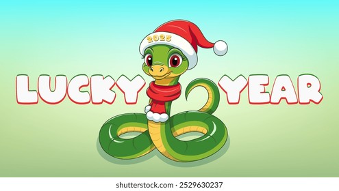 Vector cute cartoon kind green little wriggling smiling snake in red scarf and Santa hat. Lucky 2025. Merry Christmas and Happy New Year. Chinese horoscope animal. Festive reptile.