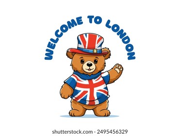 Vector cute cartoon kind plush bear Teddy waving paw, in shirt and hat with UK flag. Hello. Inscription, Welcome to London. White isolated background.