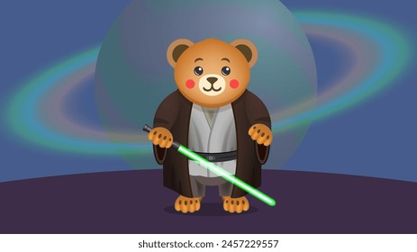 Vector lindo tipo de dibujos animados sonriente oso de peluche en una capa marrón y con una espada verde brillante contra el fondo de un gran Saturno. Guerrero cósmico amable, adorable y encantador.